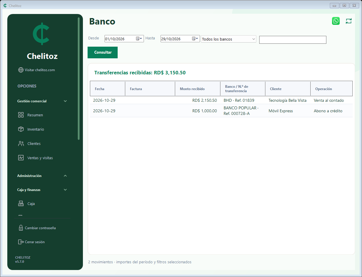 Banco y transferencias en Chelitoz