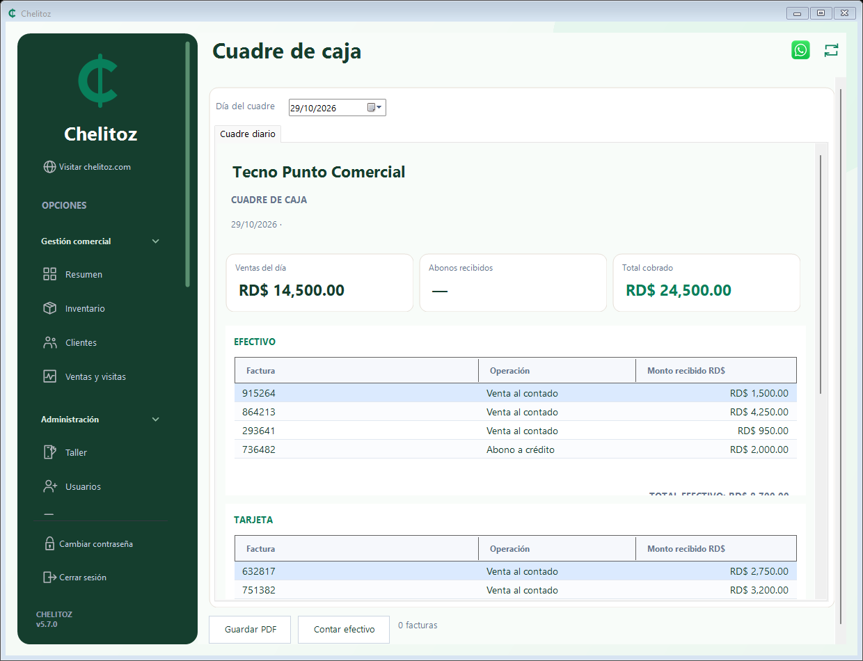 Cuadre de caja en Chelitoz