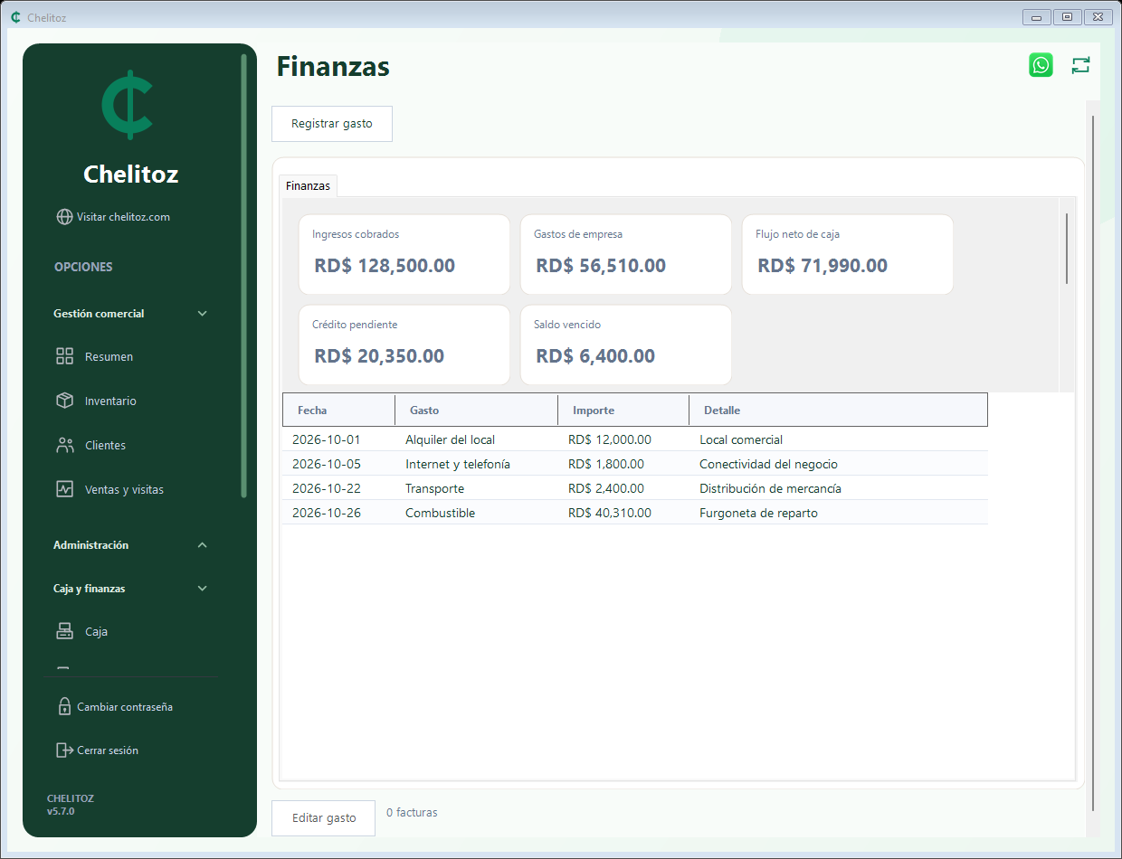Pantalla real de Finanzas en Chelitoz